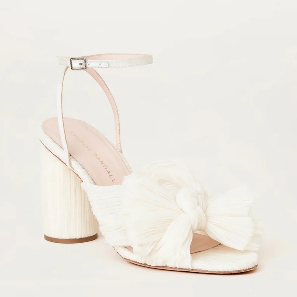 Loeffler Randall Cream Raffia Bow Block Heel Sandals